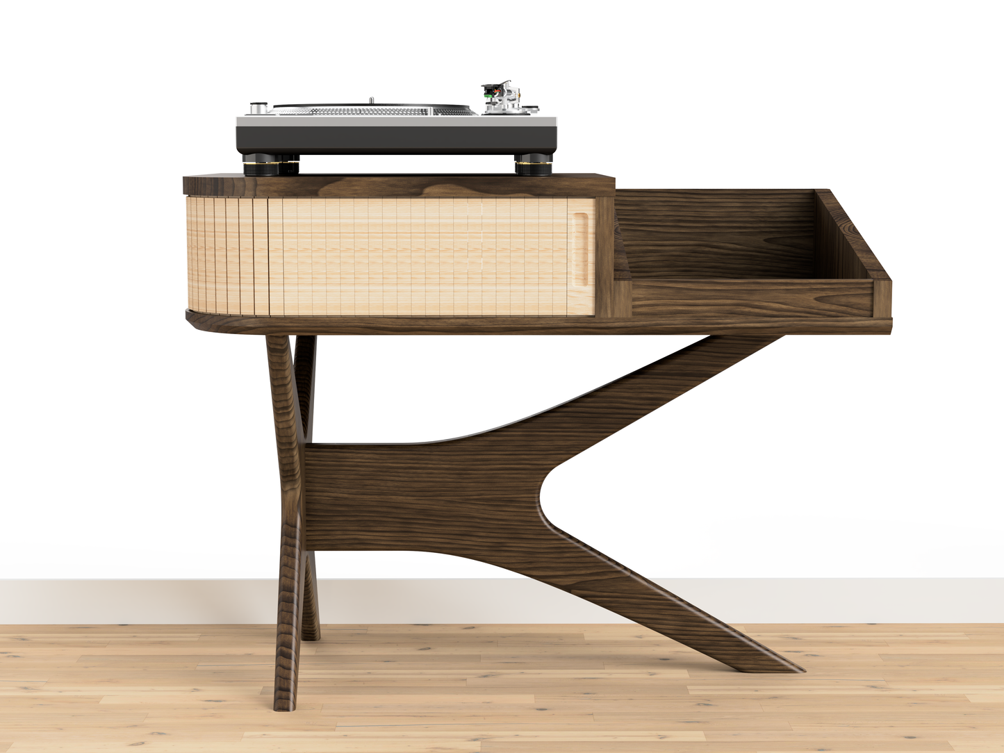 JEAN-MARIE avec un rangement moderne pour vinyles - Meuble tourne-disque d'inspiration mid-century en noyer noir et chêne blanc massif.