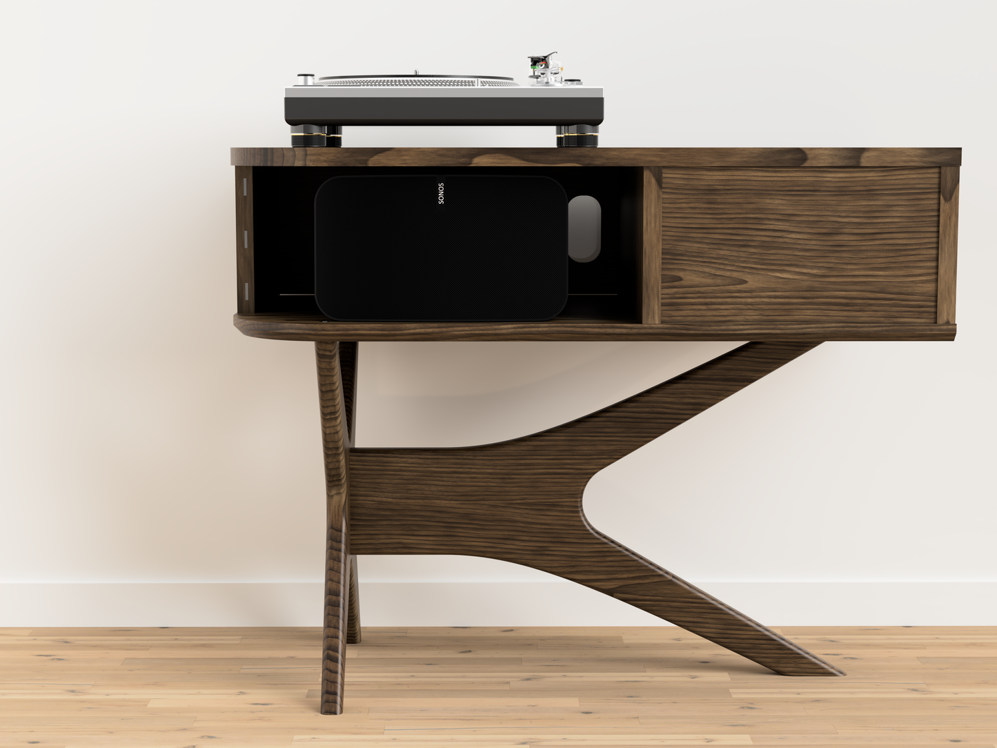JEAN-MARIE For Sonos with Vintage vinyl storage - Mid-century Record player stand made of black walnut and white oak hardwood.