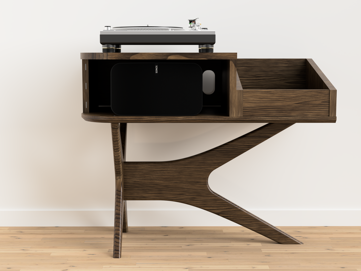 JEAN-MARIE For Sonos with Modern vinyl storage - Mid-century Record player stand made of black walnut and white oak hardwood.