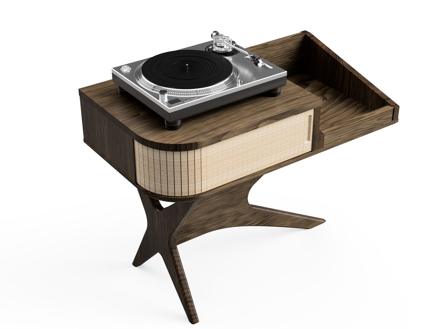 JEAN-MARIE avec un rangement moderne pour vinyles - Meuble tourne-disque d'inspiration mid-century en noyer noir et chêne blanc massif.