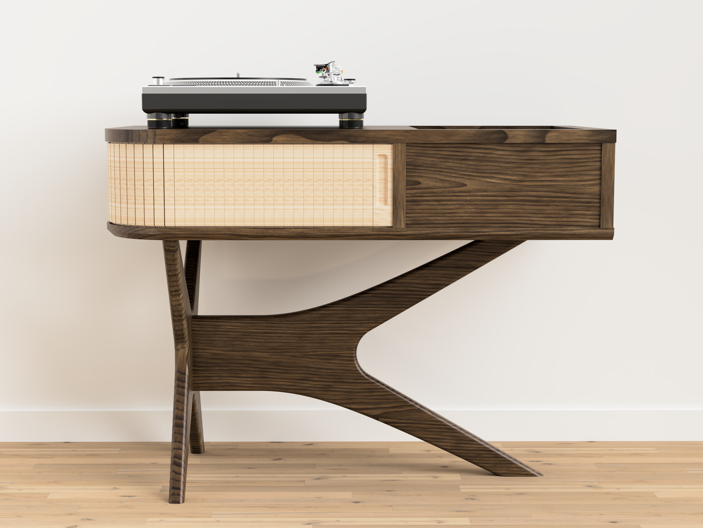 JEAN-MARIE with Vintage vinyl storage - Mid-century Record player stand made of black walnut and white oak hardwood.