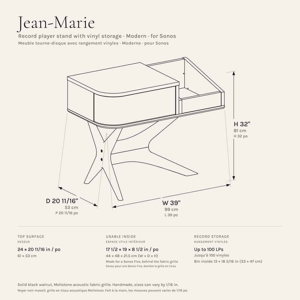 Jean-Marie pour Sonos — Meuble tourne-disque + rangement vinyles (Noyer - grille beige) - Moderne