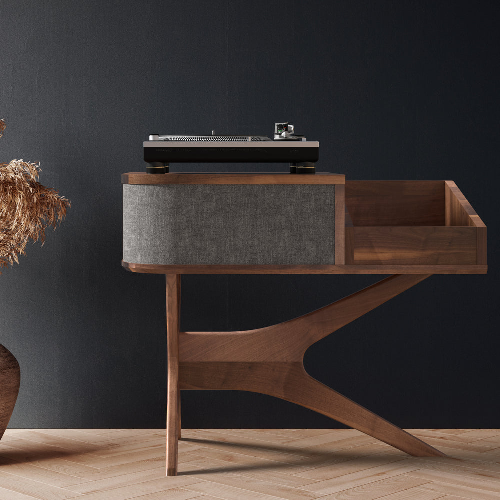 Jean-Marie pour Sonos — Meuble tourne-disque + rangement vinyles (Noyer - grille grise) - Moderne