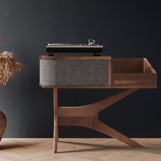 Jean-Marie for Sonos — Record Player Stand + Vinyl Storage (Walnut - gray grill) — Modern