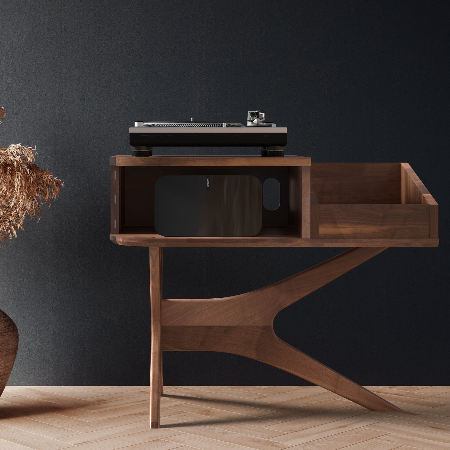 Jean-Marie for Sonos — Record Player Stand + Vinyl Storage (Walnut - gray grill) — Modern