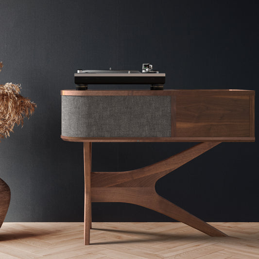 Jean-Marie for Sonos — Record Player Stand + Vinyl Storage (Walnut - gray grill) — Vintage
