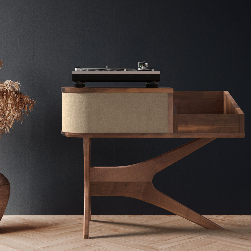 Jean-Marie pour Sonos — Meuble tourne-disque + rangement vinyles (Noyer - grille beige) - Moderne