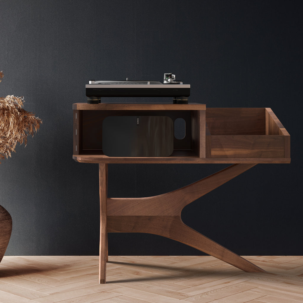 Jean-Marie pour Sonos — Meuble tourne-disque + rangement vinyles (Noyer - grille beige) - Moderne