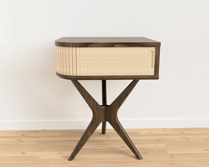 JEAN-MARIE - Support / console pour tourne-disque Mid-Century en noyer noir et chêne blanc.