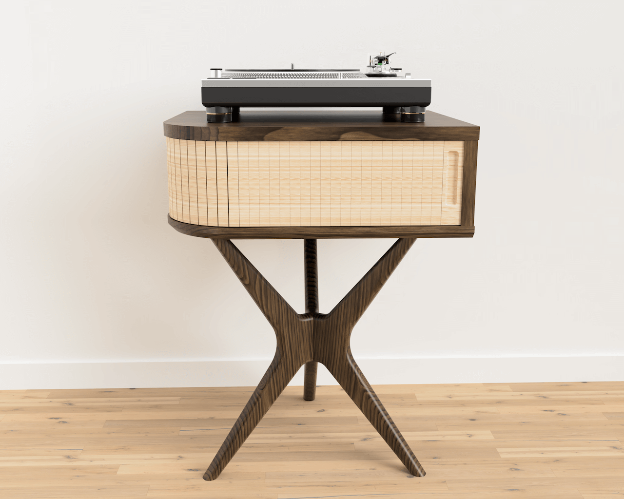 JEAN-MARIE - Support / console pour tourne-disque Mid-Century en noyer noir et chêne blanc.
