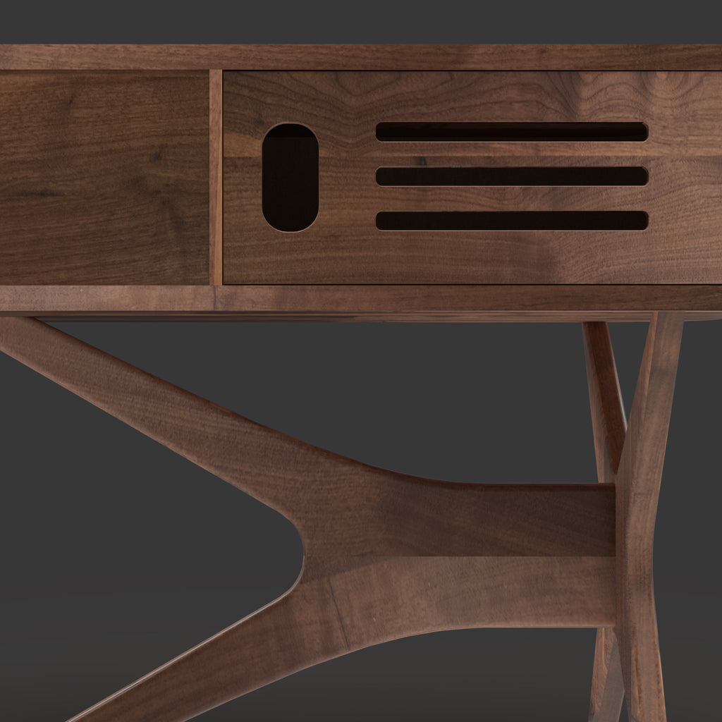 Jean-Marie Sonos-ready record player stand with vintage vinyl storage — back profile