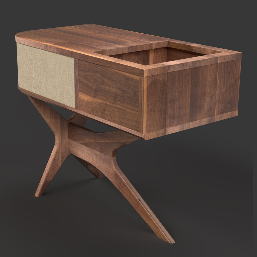Jean-Marie Sonos-ready record player stand with vintage vinyl storage — right side profile