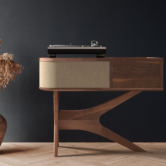 Jean-Marie for Sonos with vintage vinyl storage — vinyl and streaming setup (lifestyle)
