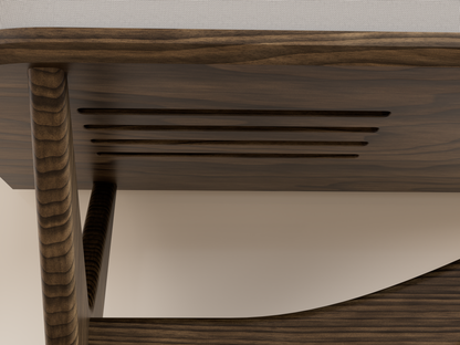 JEAN-MARIE pour Sonos avec un rangement vintage pour vinyles - Meuble tourne-disque d'inspiration mid-century en noyer noir et chêne blanc massif.