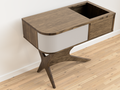 JEAN-MARIE pour Sonos avec un rangement vintage pour vinyles - Meuble tourne-disque d'inspiration mid-century en noyer noir et chêne blanc massif.