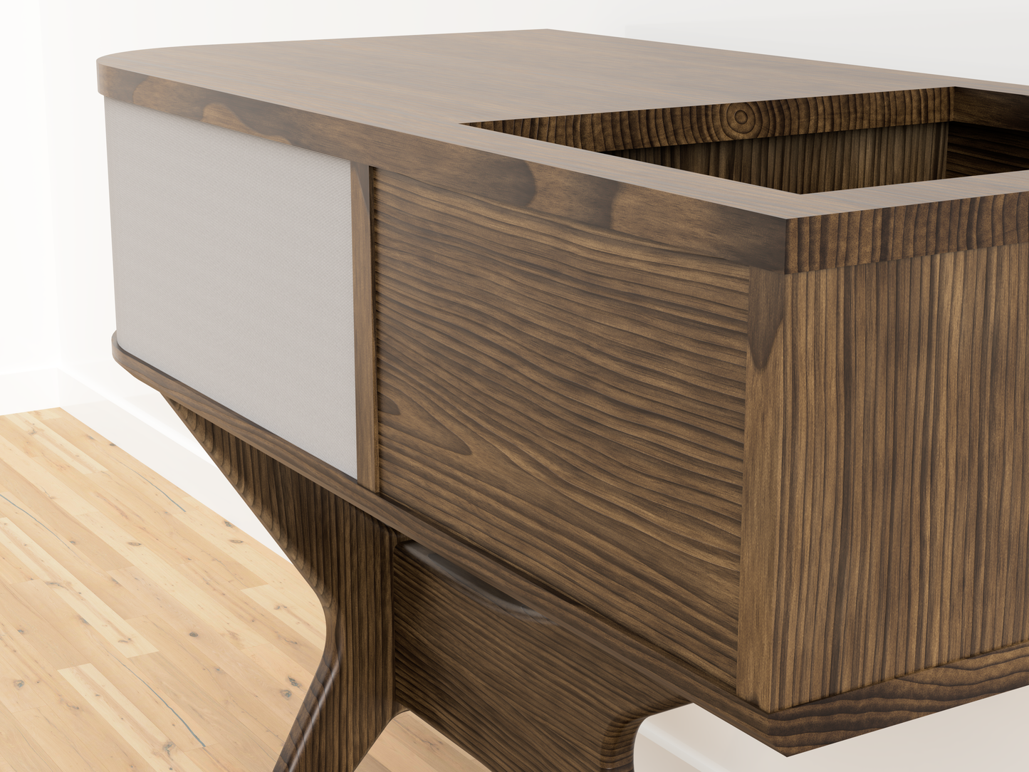 JEAN-MARIE pour Sonos avec un rangement vintage pour vinyles - Meuble tourne-disque d'inspiration mid-century en noyer noir et chêne blanc massif.